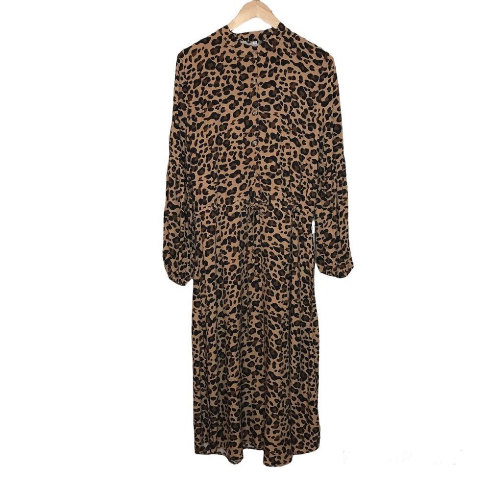 Kirundo Leopard Print Dress Size M Balloon Sleeve Drawstring Waist Buttons NEW